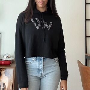 Row House Black Cropped Hoodie Tie Dye Graphic Logo Fleece Pullover Large